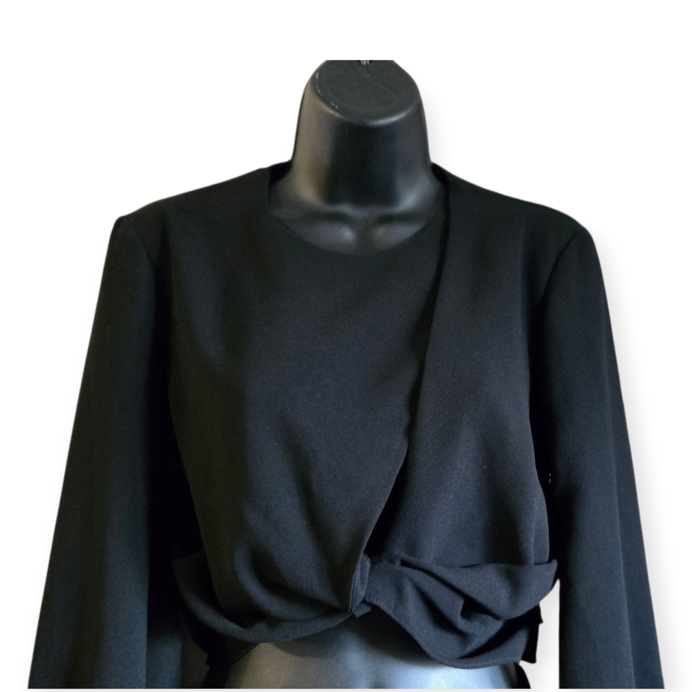 Zara's Black Crop Top, Round Collar, Wrap Like Opening, And Knot, Long Sleeves.